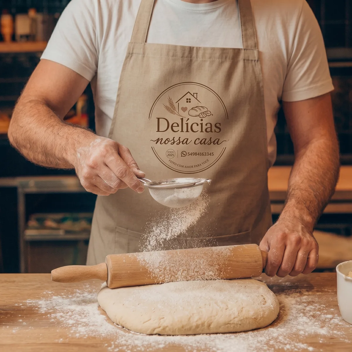 Pessoa preparando massa de pão artesanal com carinho